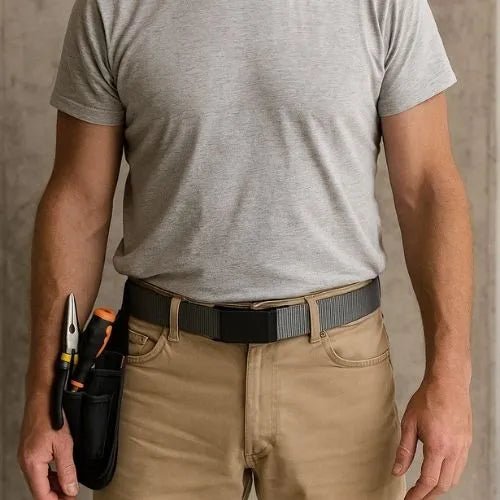 tradesman wearing a grey reversible canvas ratchet belt | BeltUp Leather Co.