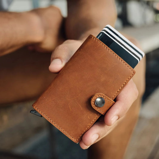 Mens tan leather  pop up credit card wallet 