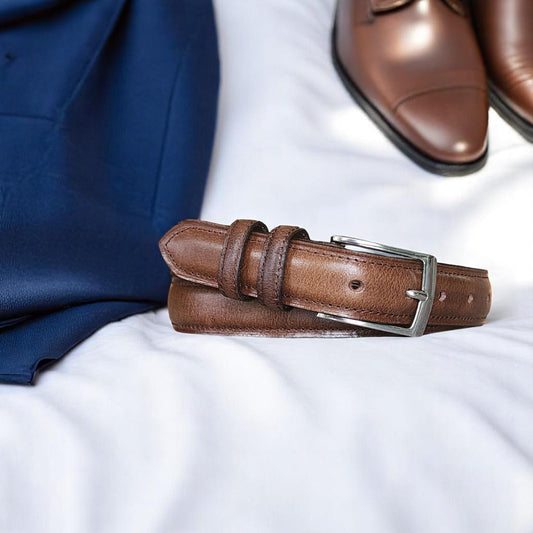30mm | Brown Stitched | Waxed Finish Leather Belt