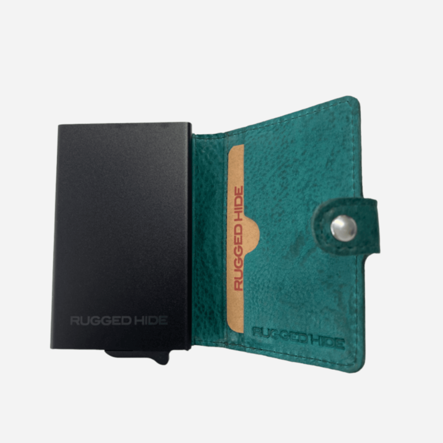opened green pop up credit card wallet by rugged hide