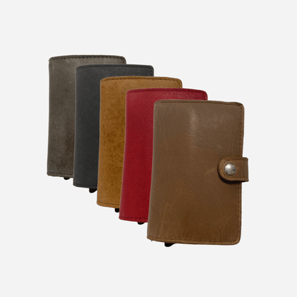 multi colour display of leather pop up credit card box wallets