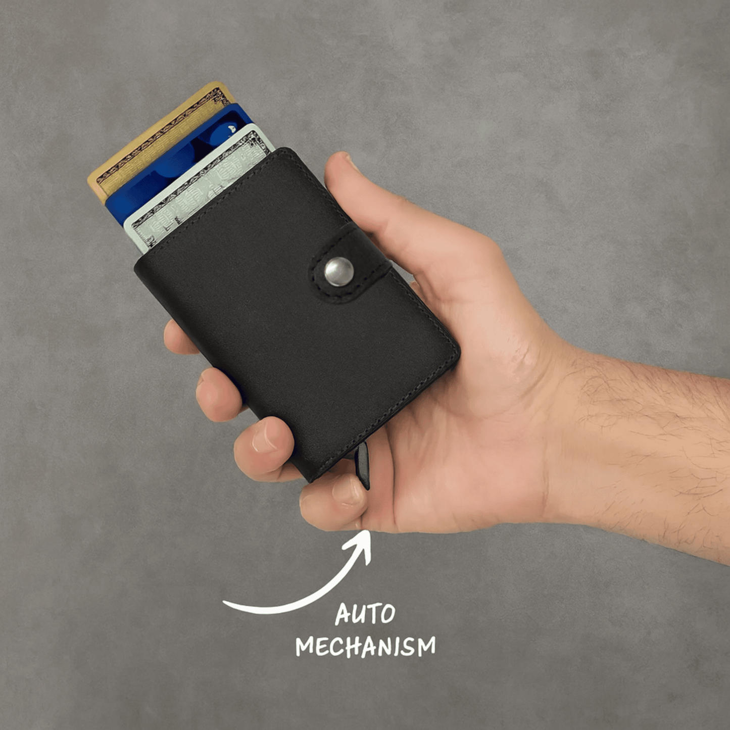 displaying the flick mechanism of the pop up credit card box wallet