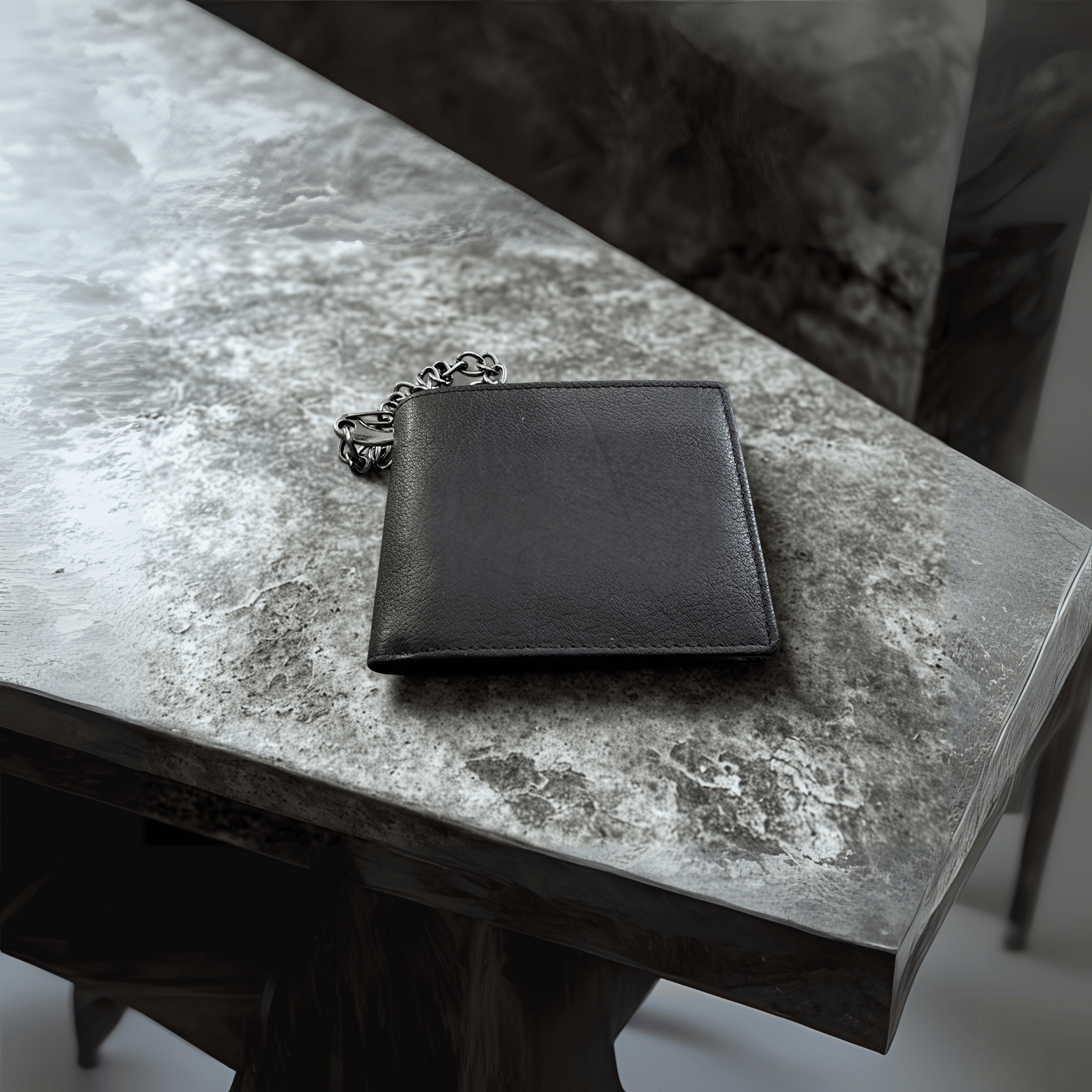 Black Chain Wallet on a concrete benchtop | Rugged Hide - BeltUp Leather Co.