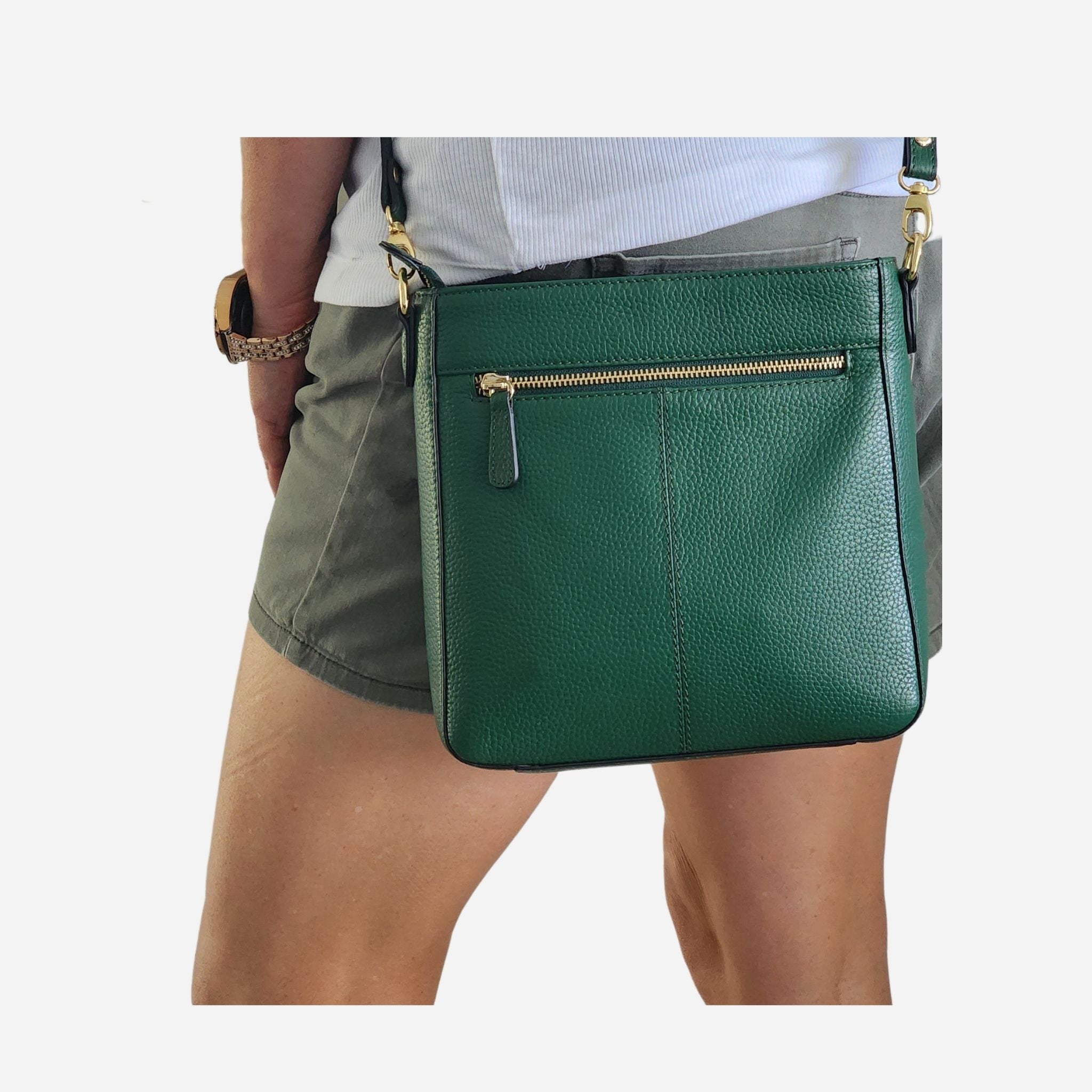 Lady wearing Forrest Green Crossbody Handbag - BeltUp Leather Co.