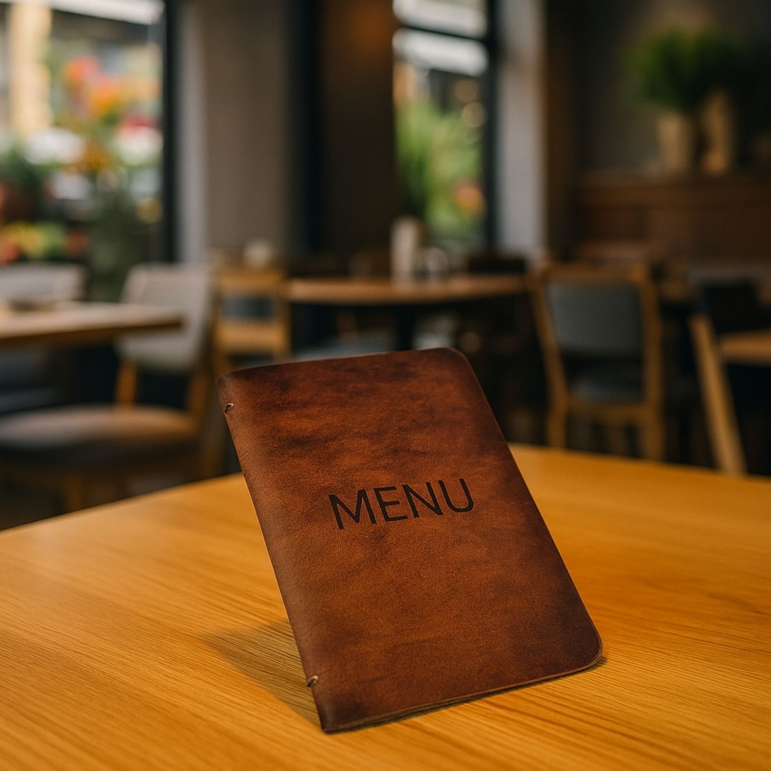 rustic leather menu cover on restaurant table